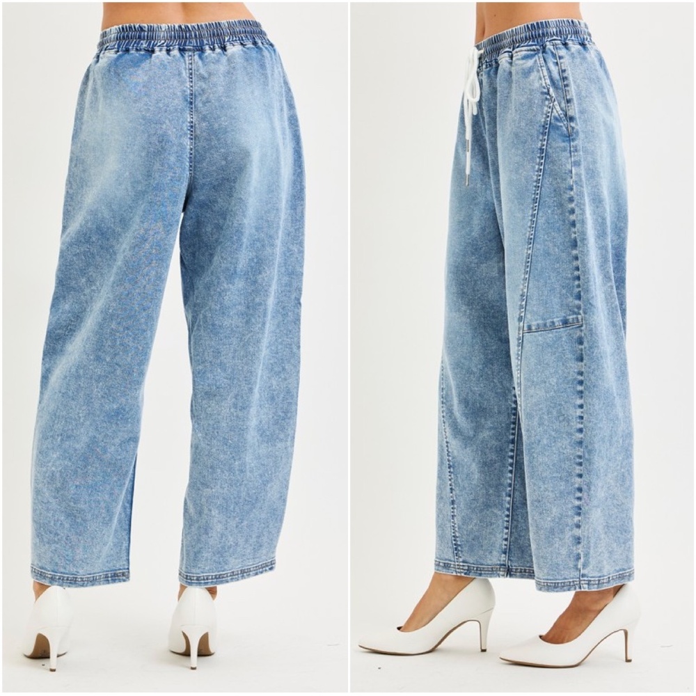 Risen Light Wash Stretchy Waist Drawstring Cotton Denim Barrel Pants - Picture 2 of 2